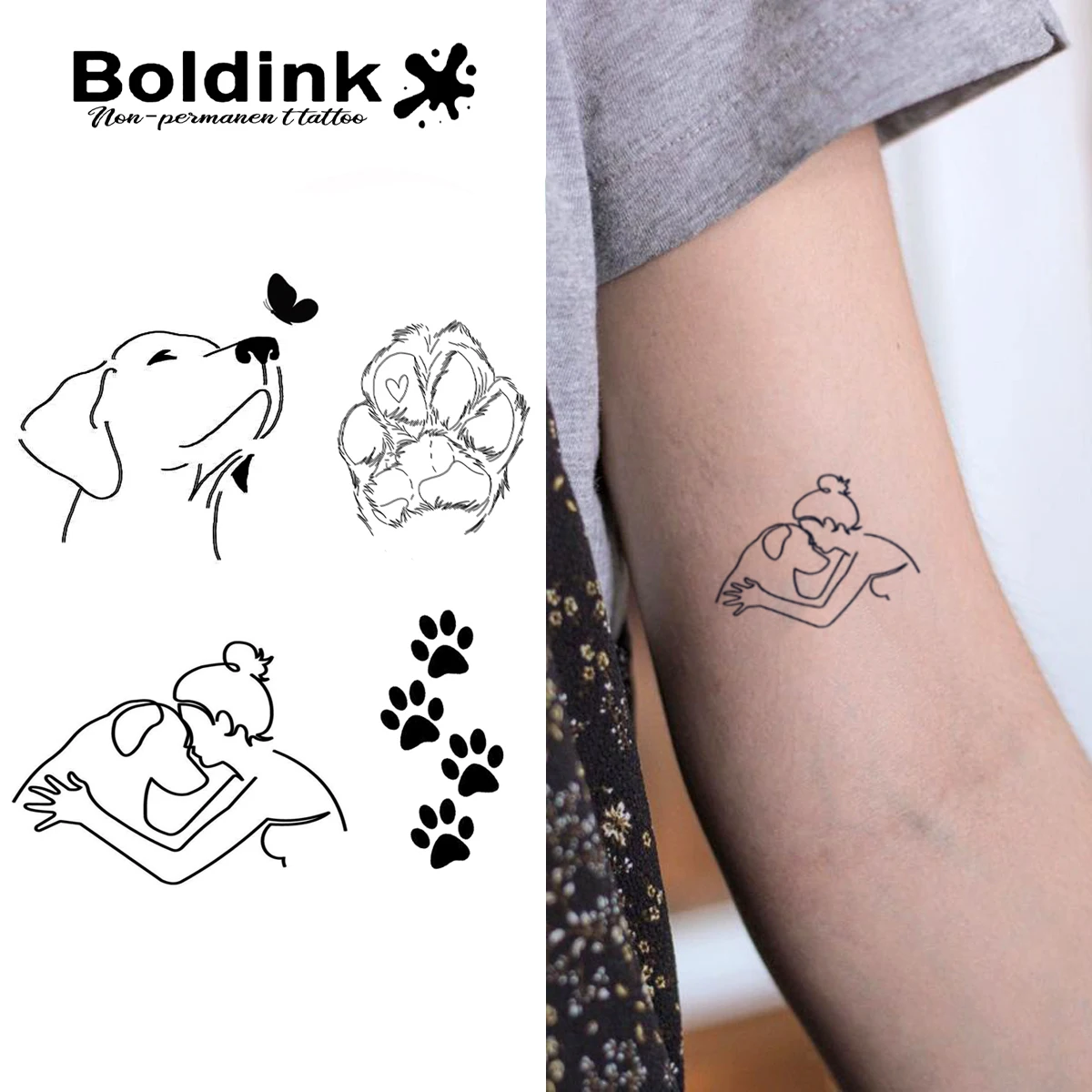 Boldink Pet Love and Pawprint Design Temporary Tattoo,Lasts To 15 Days New Technology Magic Waterproof Semi Permanent Sticker.