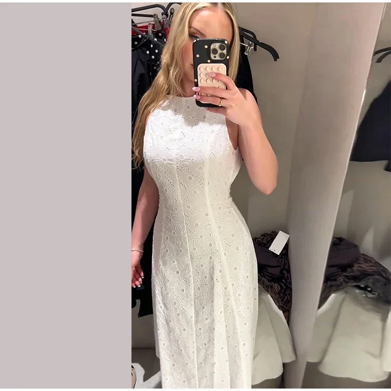 Spitzenkleid mit Rückenausschnitt und Taillenbund, langes, sexy Damenkleid mit O-Ausschnitt, ärmellos, Schnürung, figurbetont, charmantes Alltagskleid, Vestido – Detail 9