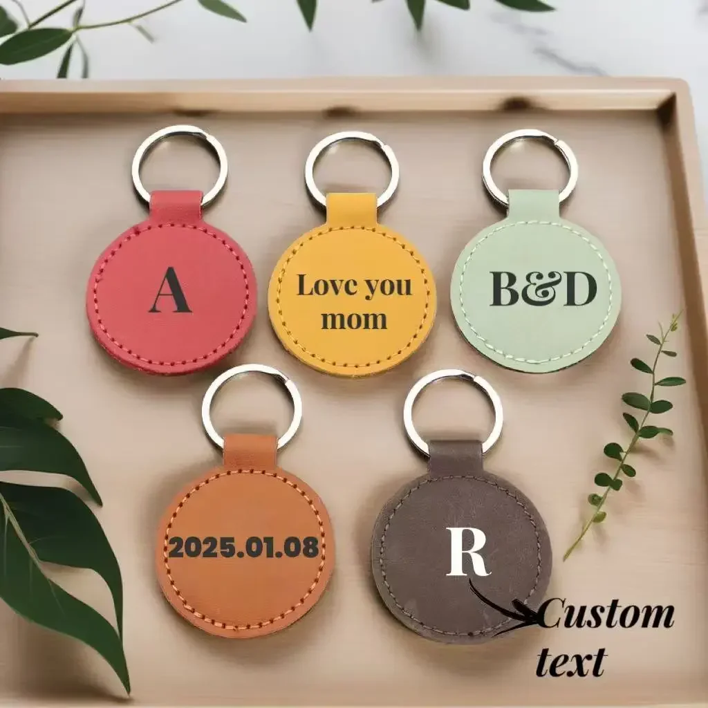 1pc Personalized Customized Keychain DIY Name Text Photo Key Ring Round PU Leather Bag Accessories Men Car Anti Loss Buckle Gift