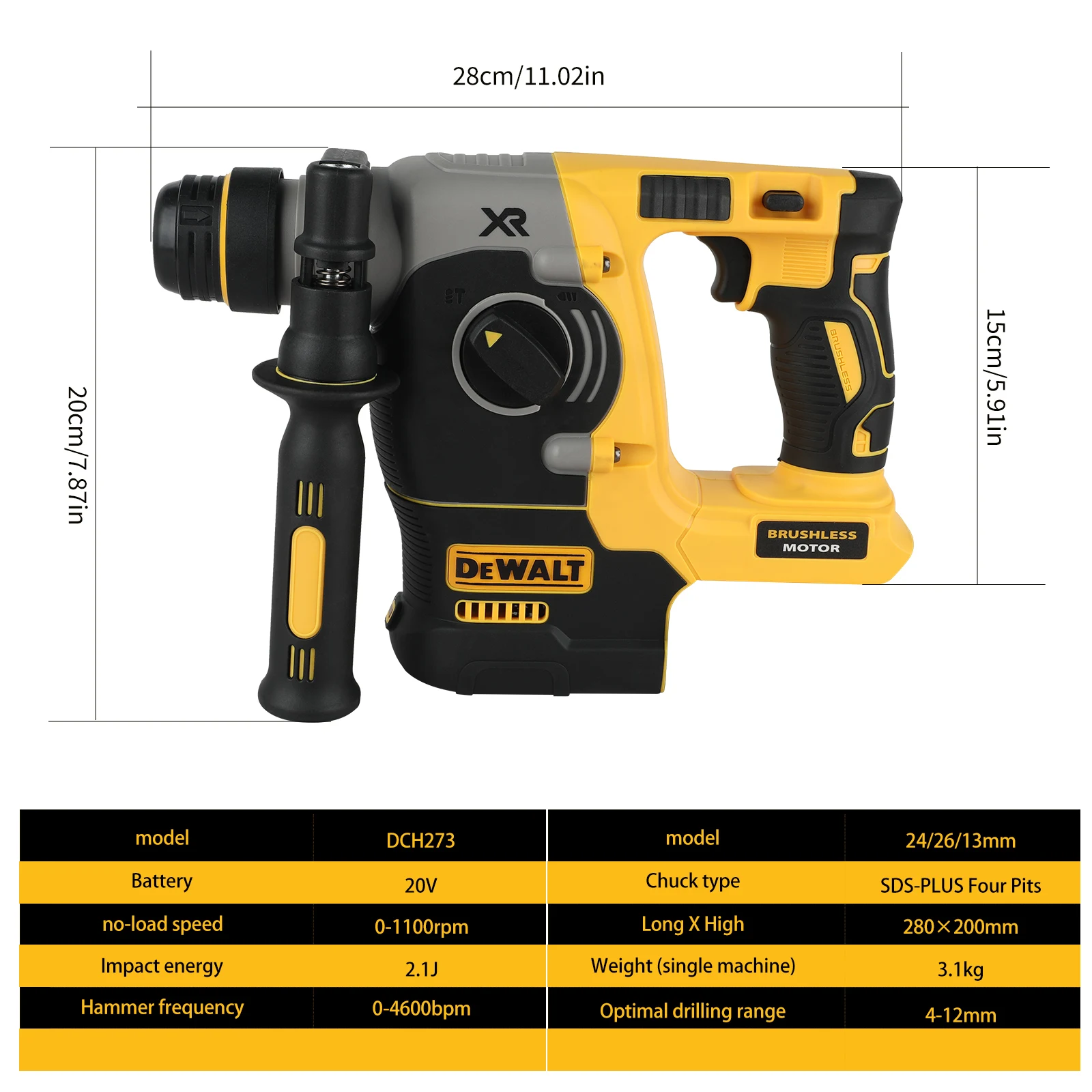 DEWALT DCH273 perceuse à percussion rotative 18 V/20 V MAX SDS sans brosse 1 pouce PLUS perceuse à percussion pour le travail du bois en forme de L (sans batterie)
