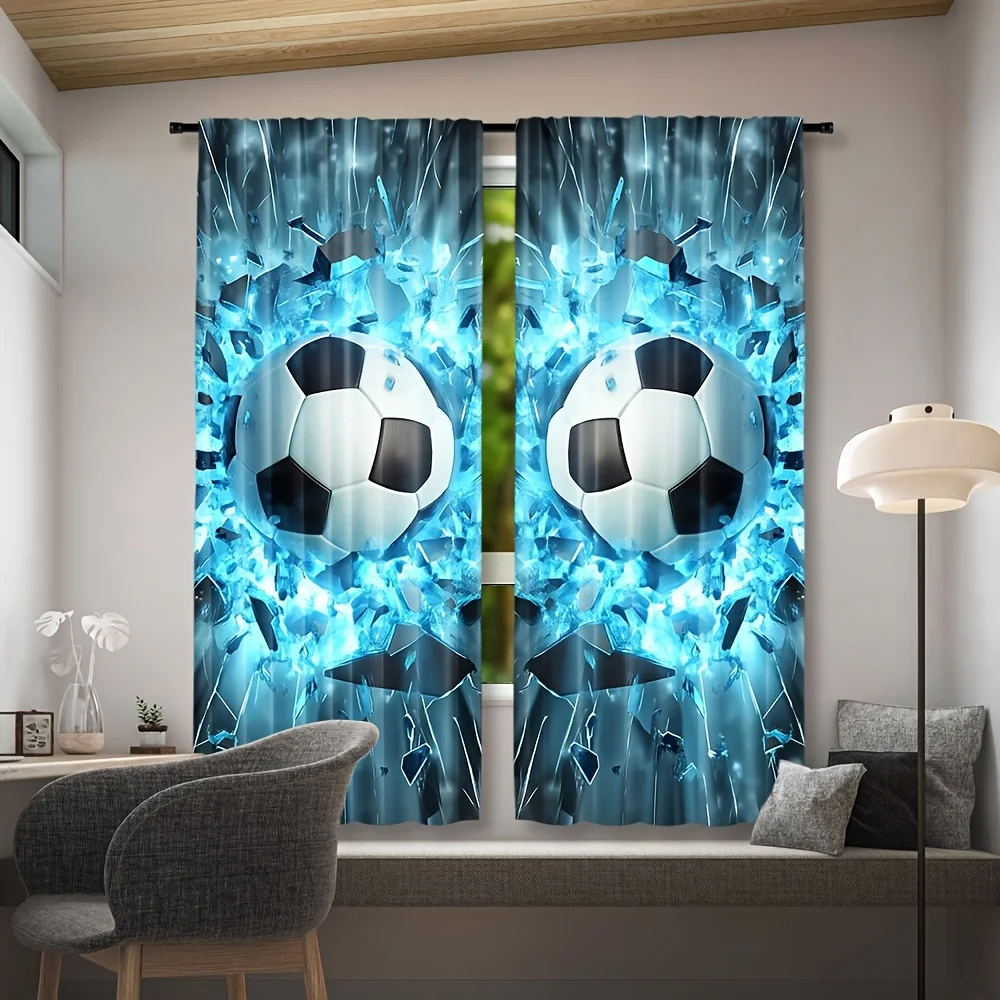Trendy Blue Soccer Ball Curtain Window Drapes Sports Theme Panel Modern Athletic Room Decoration Lightweight Curtains for Home