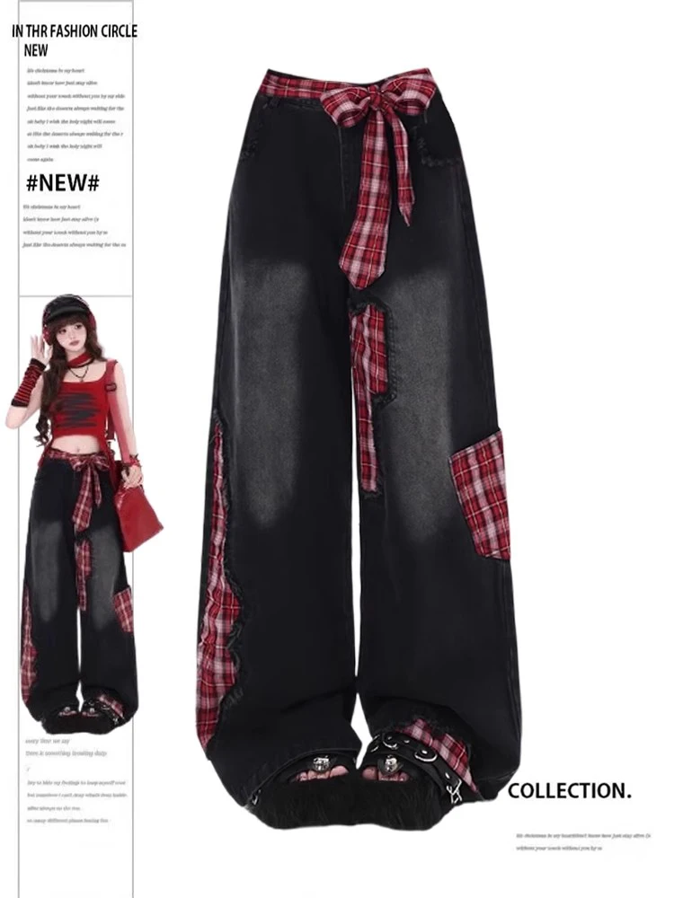 

American Retro Patchwork Denim Pants Women High Waist Wide Leg Long Trousers Autumn Design Slimming Y2K Loose Fit Jeans