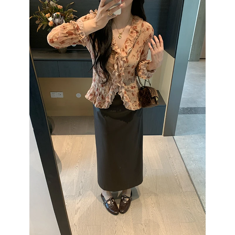 

Художественная длинная юбка из искусственной кожи с высокой талией для женщин Ele Ci Commute Повседневная юбка трапециевидной формы с деталями