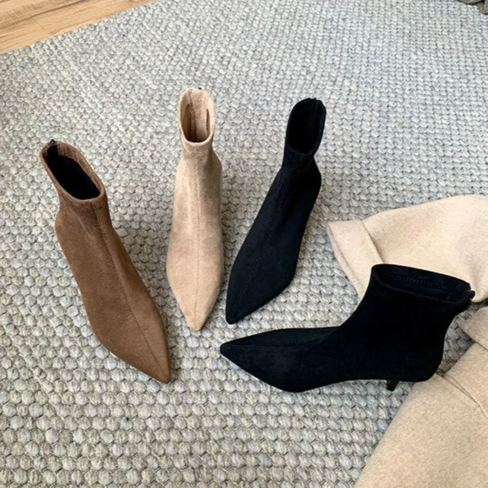 أحذية نسائية من جلد الغزال للخريف والشتاء أحذية نسائية جديدة بكعب عالٍ وسحاب أحذية نسائية قصيرة للمرأة #5