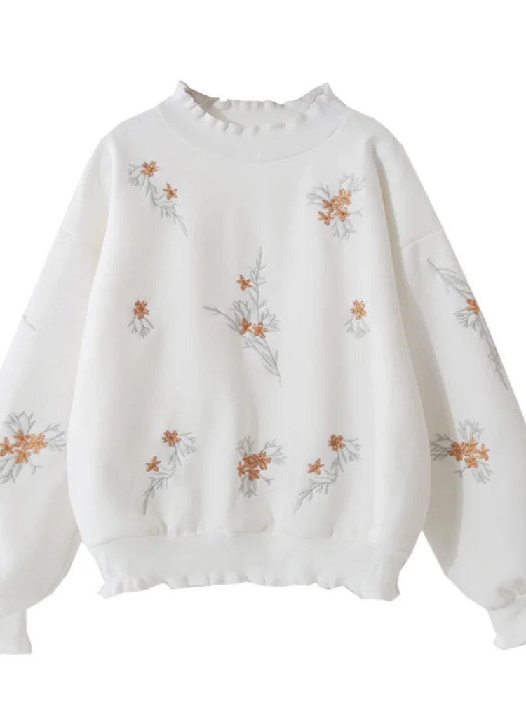女性の花の刺繍セーターとプルオーバー、ランタンスリーブ、フリル、ルーズ、厚手の暖かいプル、冬のアウター、コートトップス