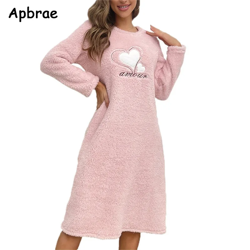 Heart Print Flannel Nightgown for Women Winter Women Long Sleeves Nightgowns Long Woman Sleepshirt Pullover Pajama Dress