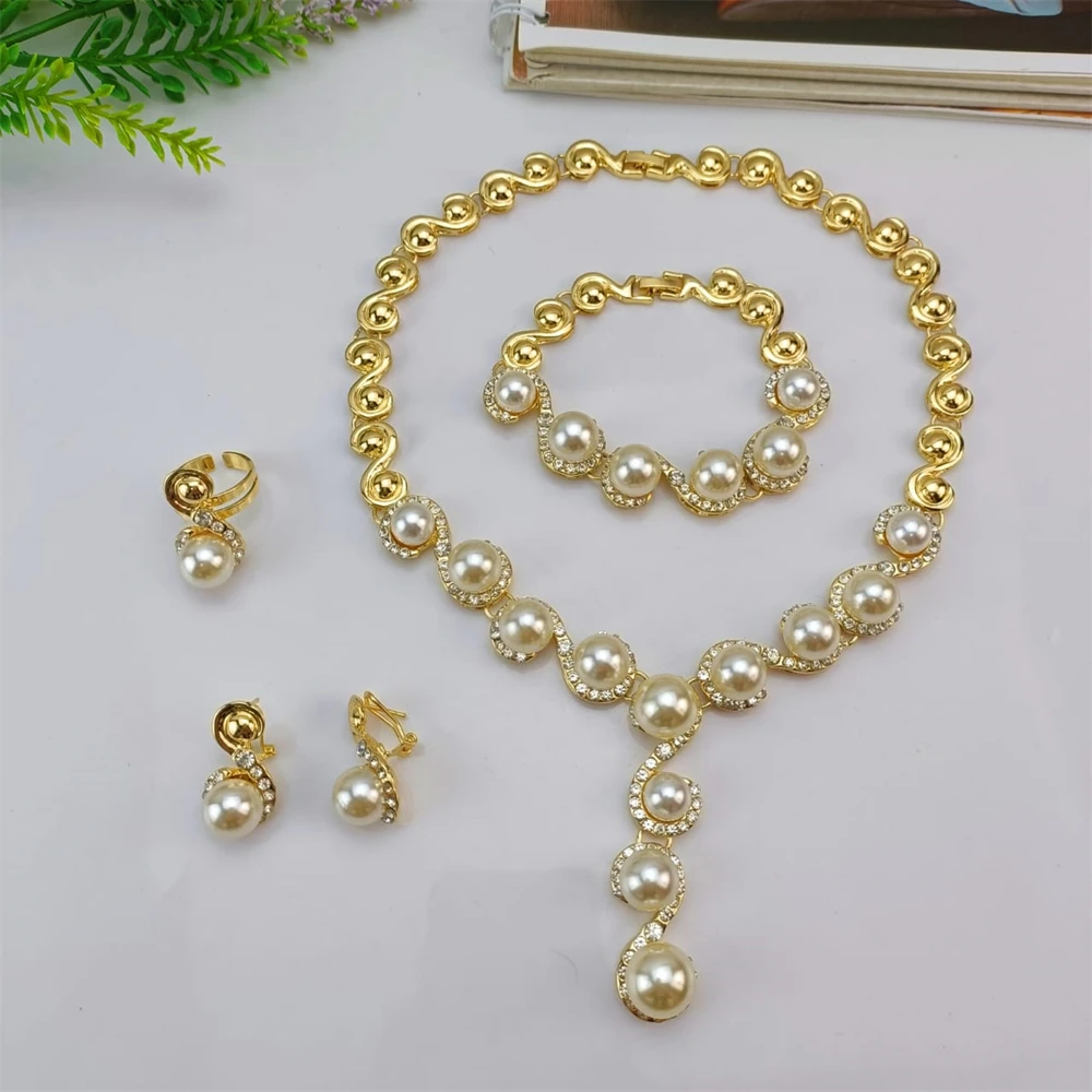 EMMA Women Trendy Artificial Beads Jewelry Set Gold Plated Ladies Necklace Bracelets Earrings Ring For Daily Wear