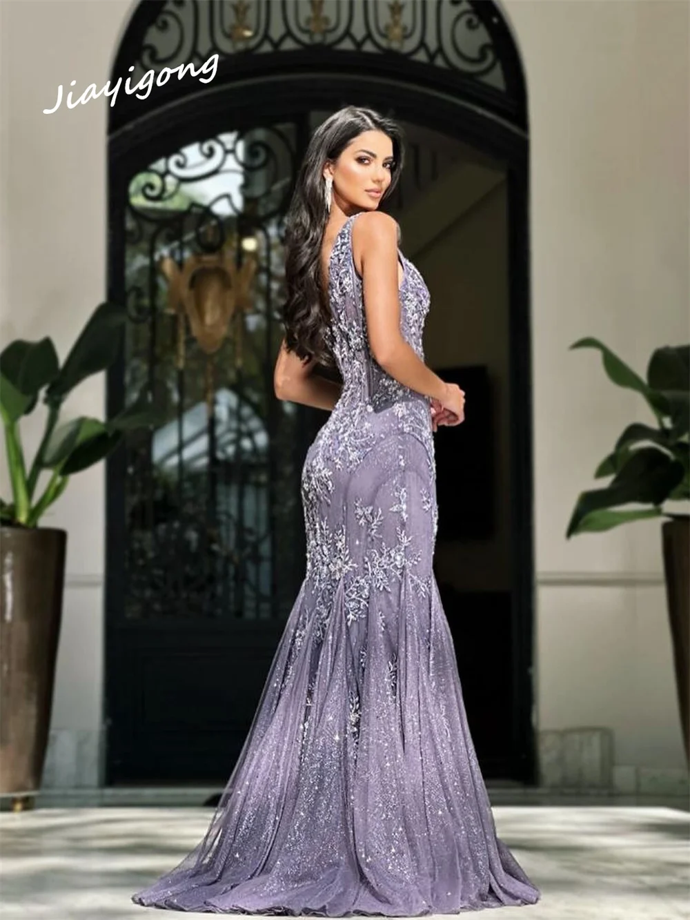 Customized Jiayigong Sparkle Spaghetti Mermaid Floor Length es Applique Tulle Customized