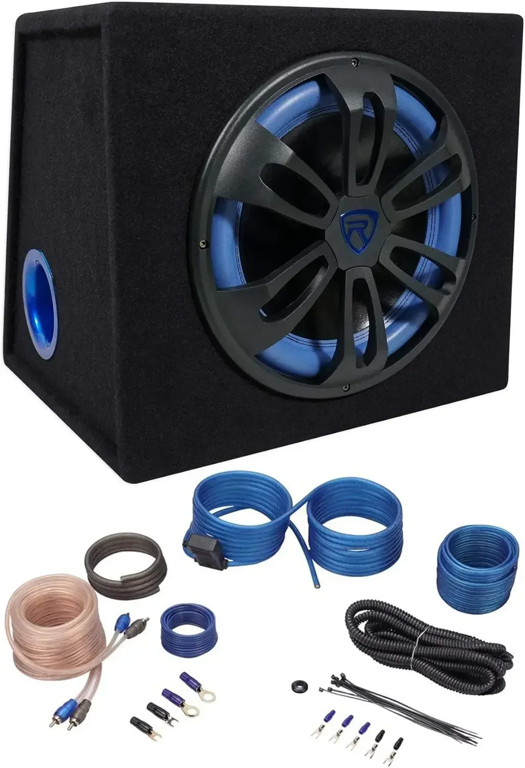 RVB12.1A Bundle: 12 in 500-Watt Peak / 300-Watt RMS Active Powered Car Subwoofer Enclosure, RWK10 10-Gauge Amplifier Wiring Inst