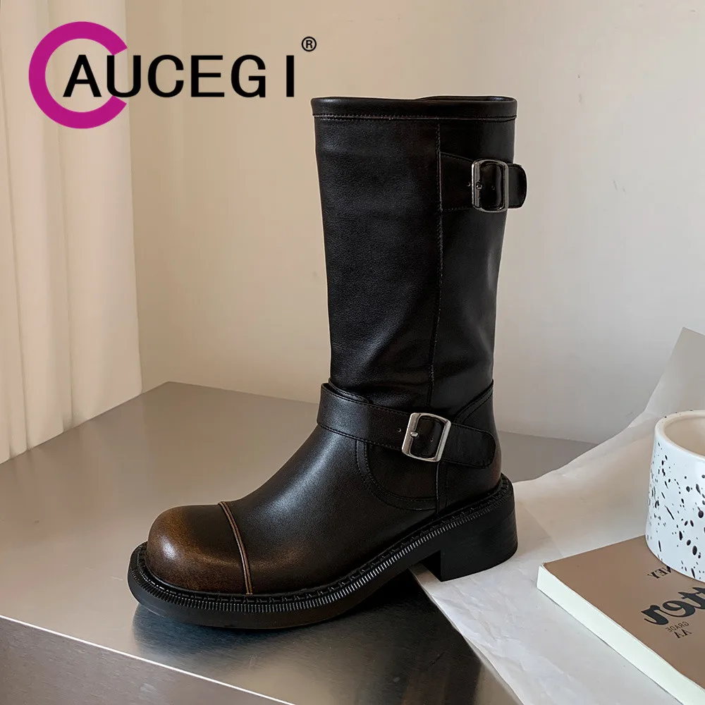 

Aucegi Quality Genuine Leather Square Mid Heels Mid-Calf Boots Women Round Toe Spring Autumn Buckle Buckle Side Zip Casual Shoes