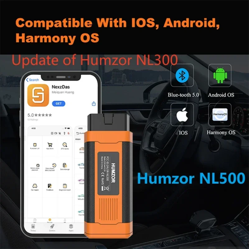 Humzor NL500 Car OBD2 Diagnostic Scanner Tool App Immo Resetting Odometer Repair Manager Key Programming Update of Humzor NL400