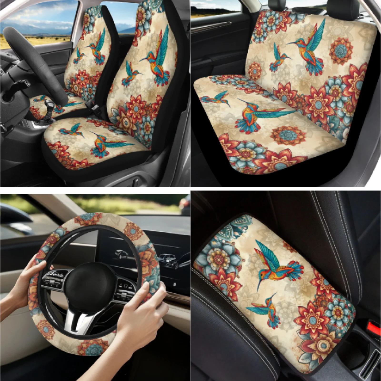 Coloranimal Hummingbirds 13 PCS Set Auto Interior Accessories with Lip Balm Pouch and Car Cup Holder Coaster for Small Car
