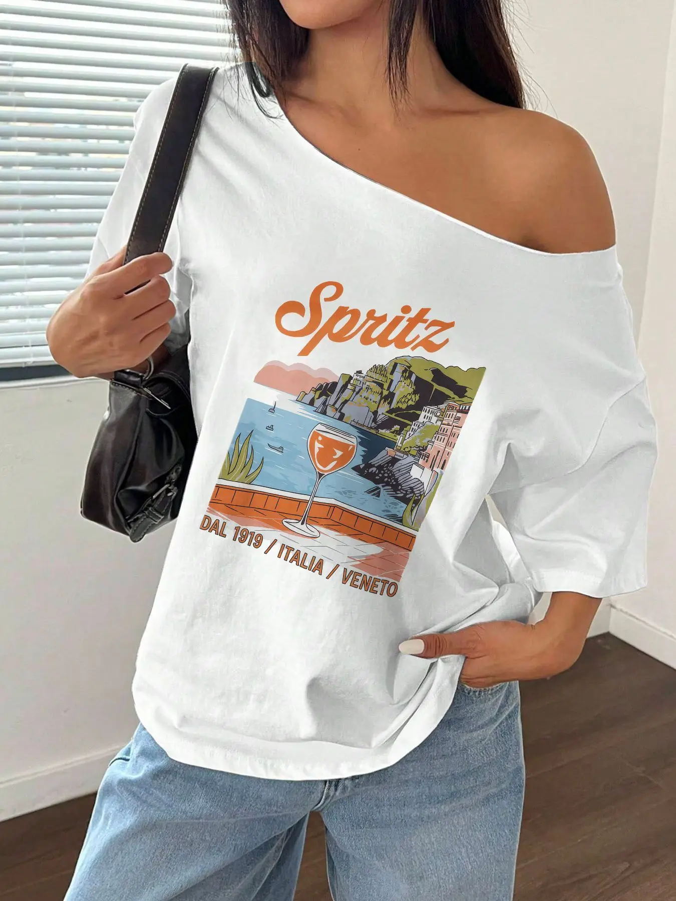 T-shirt ample 100 % coton grande taille imprimé paysage italien style Y2K pour femme