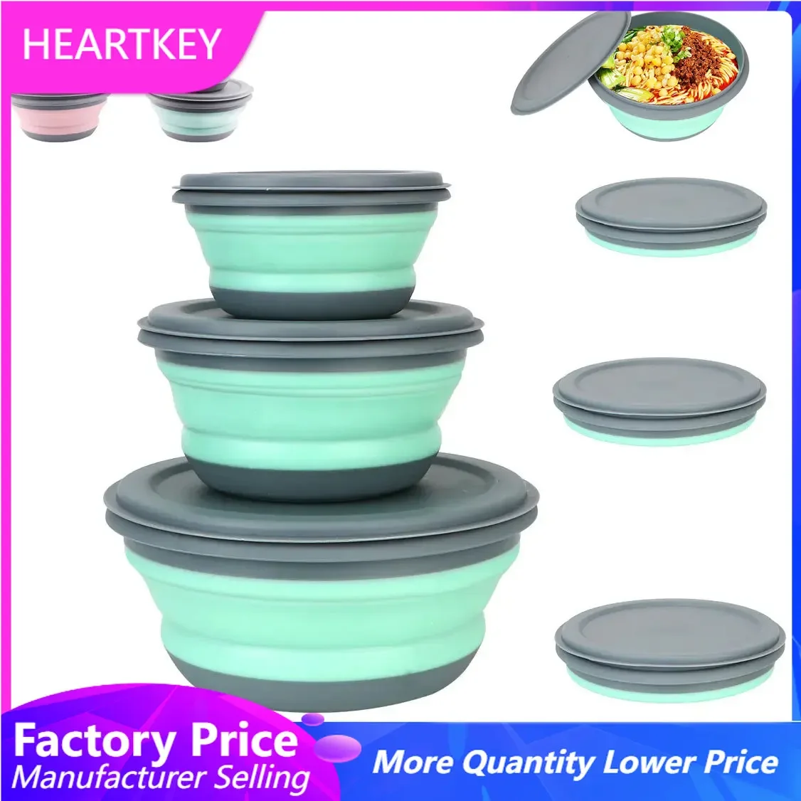 

3pcs/set Silicone Folding Lunch Box Portable Picnic Camping Bowl Set Kitchen Tableware Set Foldable Salad Bowl with Lid