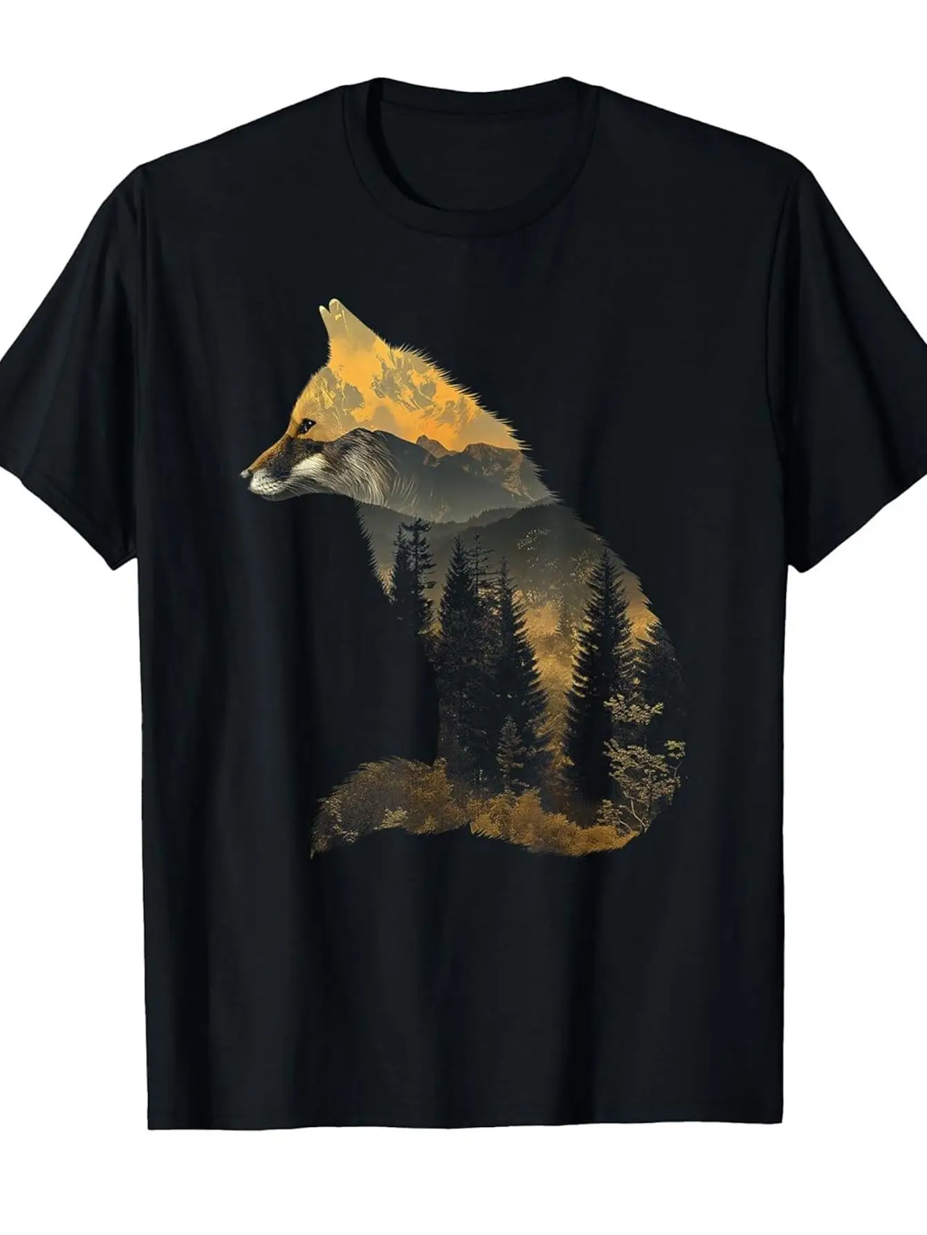 Double Exposure Fox Silhouette Forest Mountains Graphic T-Shirt Durable Casual Crew Neck Tee for Outdoor Trips