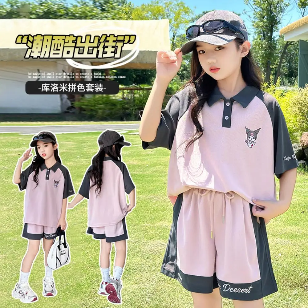 

Sanrio Kuromi Girl T-Shirt Set Kid Polo Shirt Sport Suit Short Sleeves Shorts Casual Sweatshirts 2Pcs Summer Children's Clothing