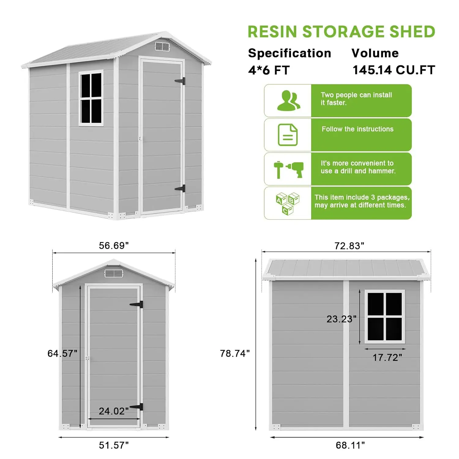4x6 FT Outdoor Storage Shed with Floor, All-Weather Resin Garden Tool House, Customized