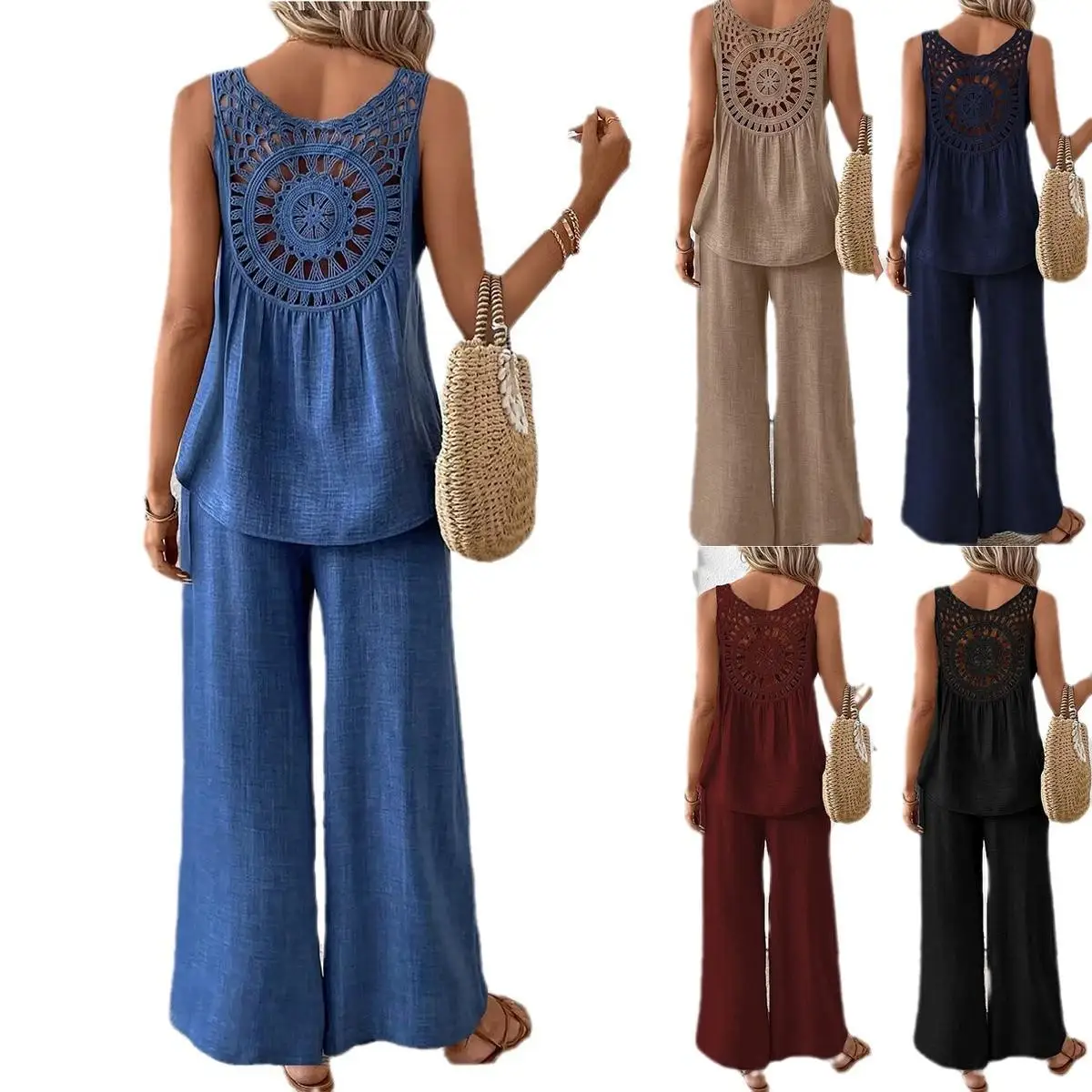 Women's Duya Ba Hollow Lace Wide Leg Pants Set Long Pants Splice Pure Color Tee-piece Set Svel Simple Sle Adult