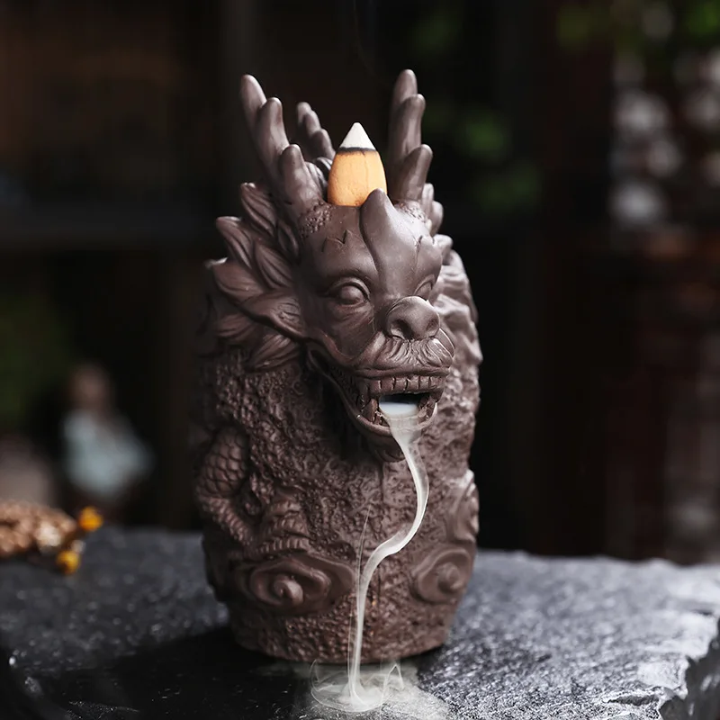 Purple Clay Dragon Incense Waterfall Ceramic Smoke Backflow Cone Holder Include  Cones Home Decor