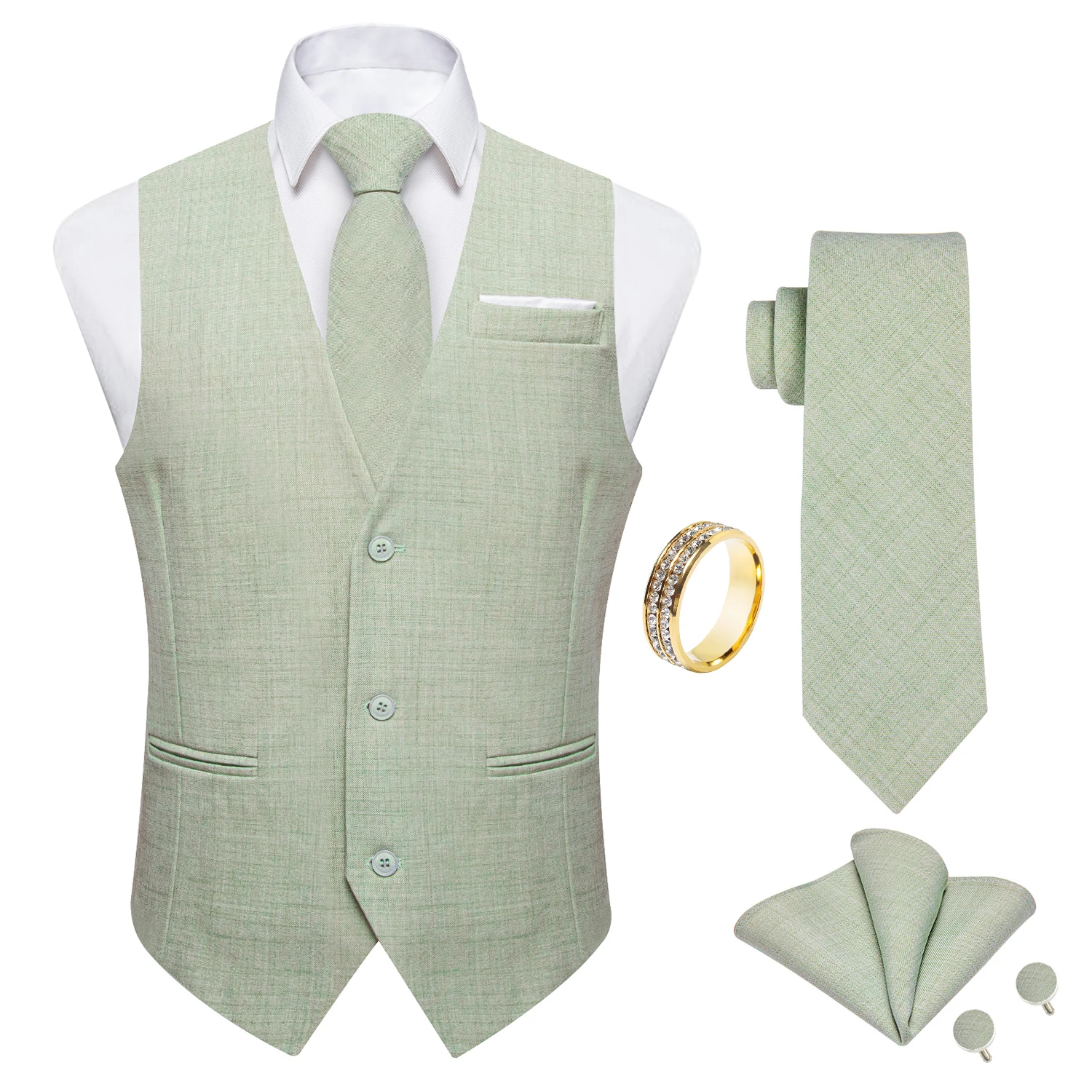 Sage Green Textured V-Neck Vest 5Pcs Set Necktie Pocket Square Cufflinks Gold Tie Ring For Wedding Guest Bridal Party Spring