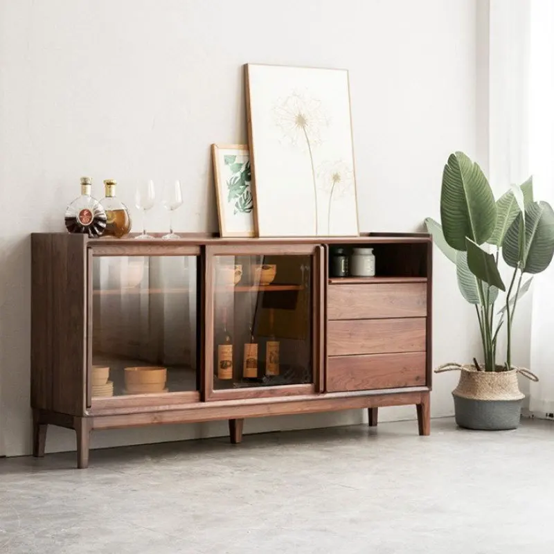 Nordic black walnut all solid wood side cabinet modern simple restaurant wine cabinet storage
