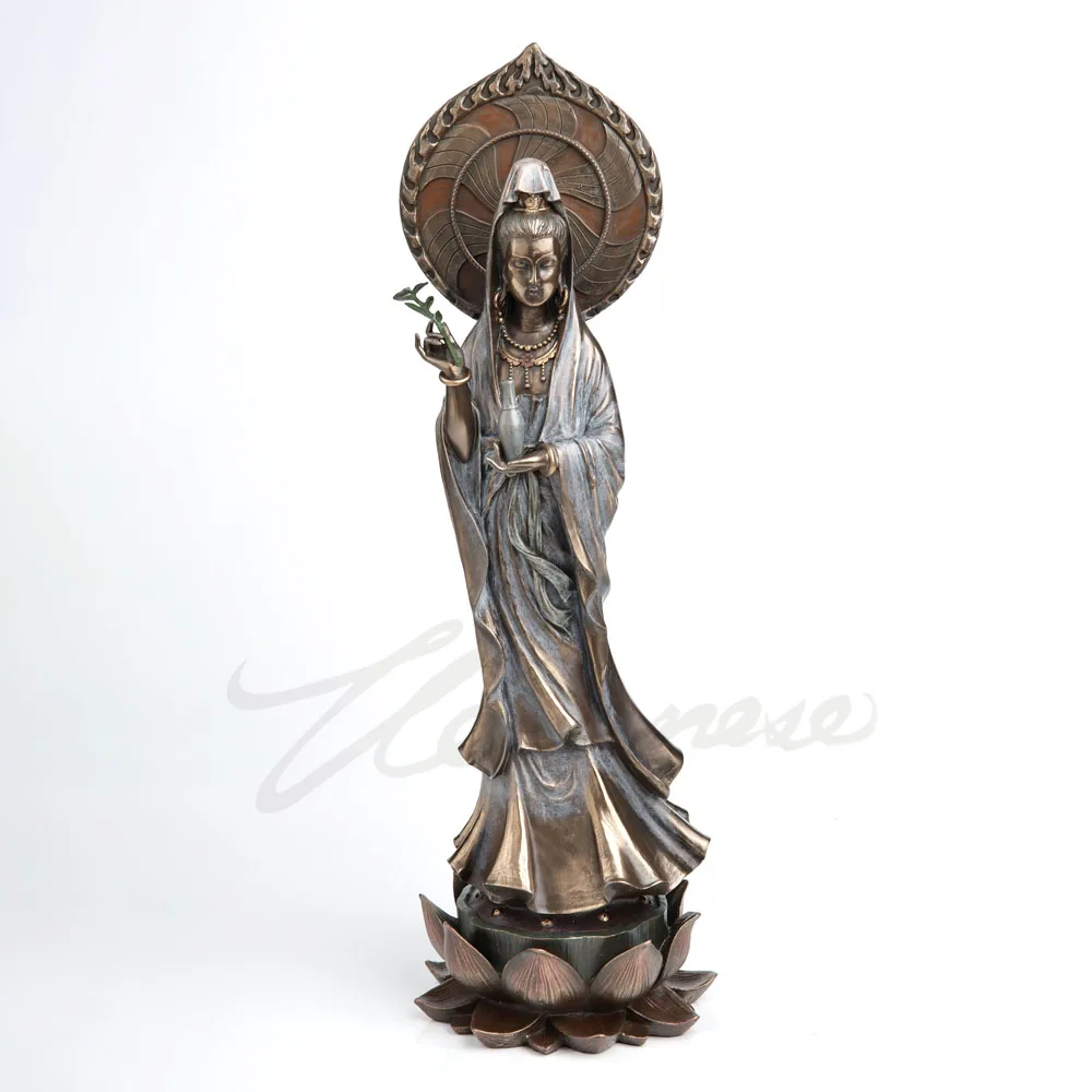 Kwan Yin Resin Figurine Vintage Antique‑Finished Standing Statue With Willow Sprig Lotus Platform Religious Home Decor Ornament