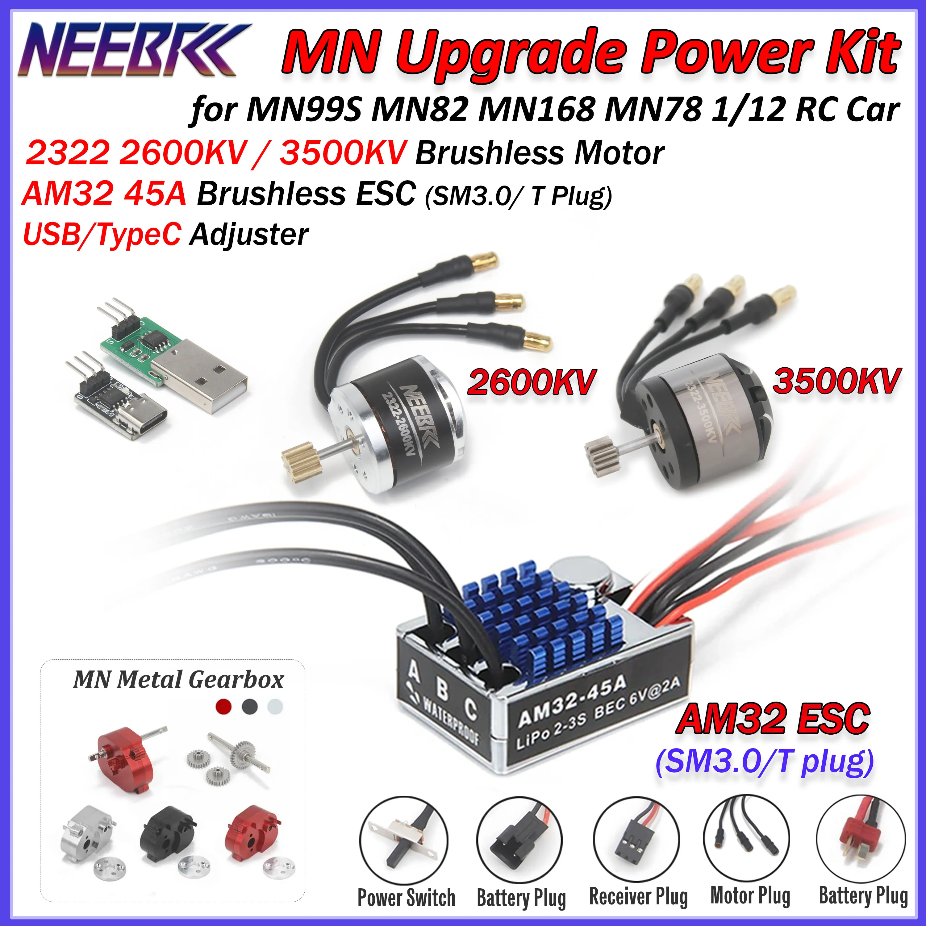 NEEBRC 2322 2600KV 3500KV Bürstenloser Motor AM32 45A ESC Metallgetriebe für MN99S MN82 MN168 MN78 1/12 MN RC Auto Crawler Upgrade