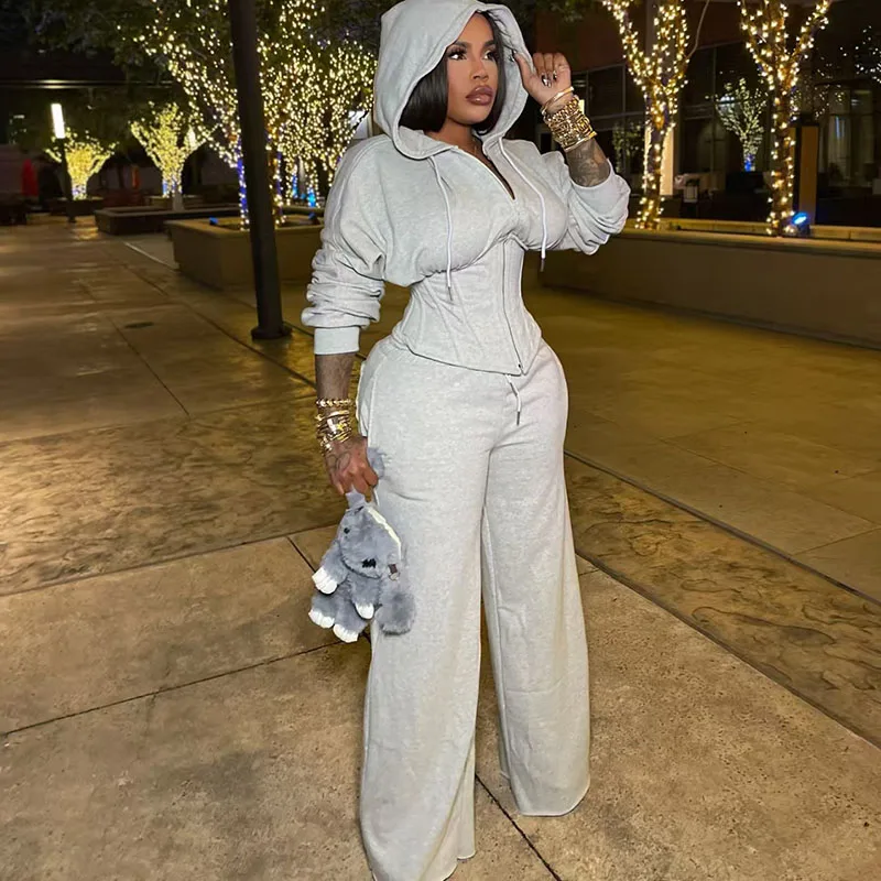 Streetwear casual agasalho mulher conjunto de duas peças desportivo zíper com capuz rendas bandagem espartilho jaqueta e moletom conjuntos combinando