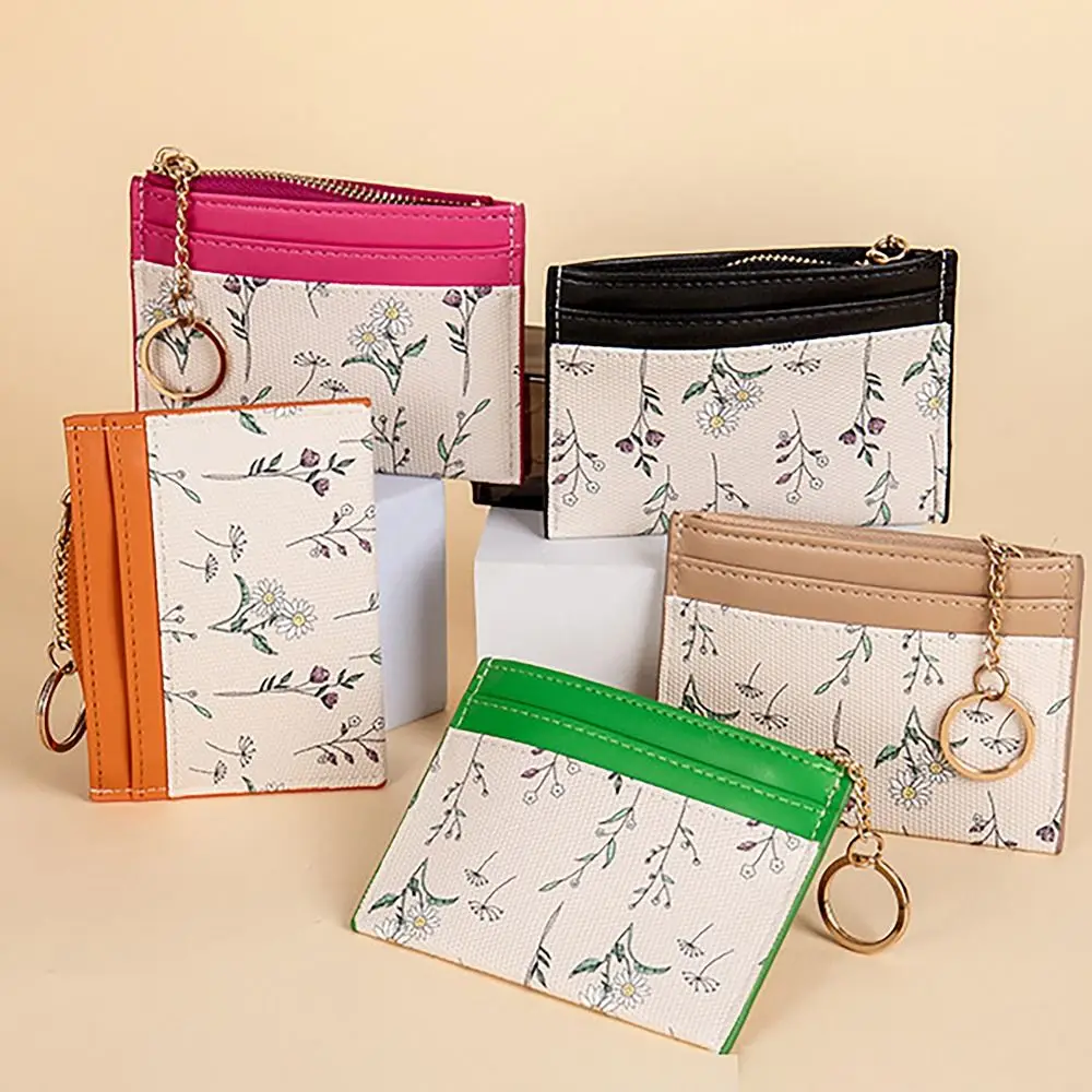 กระเป๋าเงินใส่เหรียญ Sablon Bunga มีซิปแบบกระเป๋า INS สไตล์บัตรเครดิตโฮลเดอร์หนัง PU พวงกุญแจกระเป๋าสตางค์