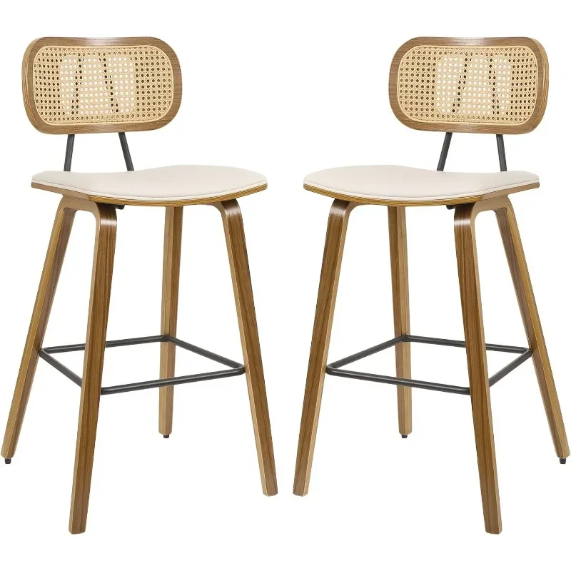 

Counter Height Bar Stools Set of 2, Mid Century Modern Counter Stools, 26" Wood Kitchen Stool PU Leather Upholstered Barstool