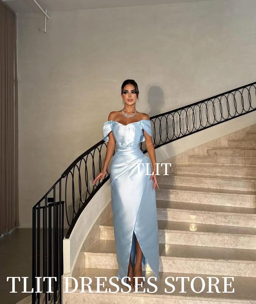 TLIT-vestidos de noche elegantes de satén de seda azul, vestidos de noche personalizados, vestidos de graduación hasta el tobillo con hombros descubiertos
