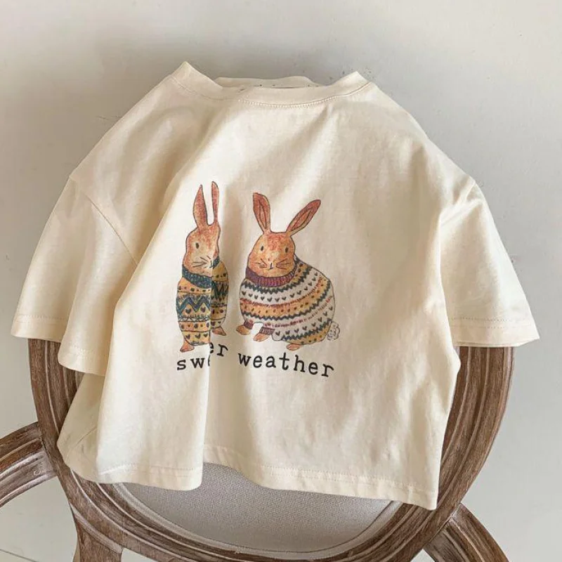 2025 Summer Kids Clothes Children Short Sleeve Korean Style Rabbit Flower Print T-Shirt Baby Girls Half Sleeve Round Neck Tops