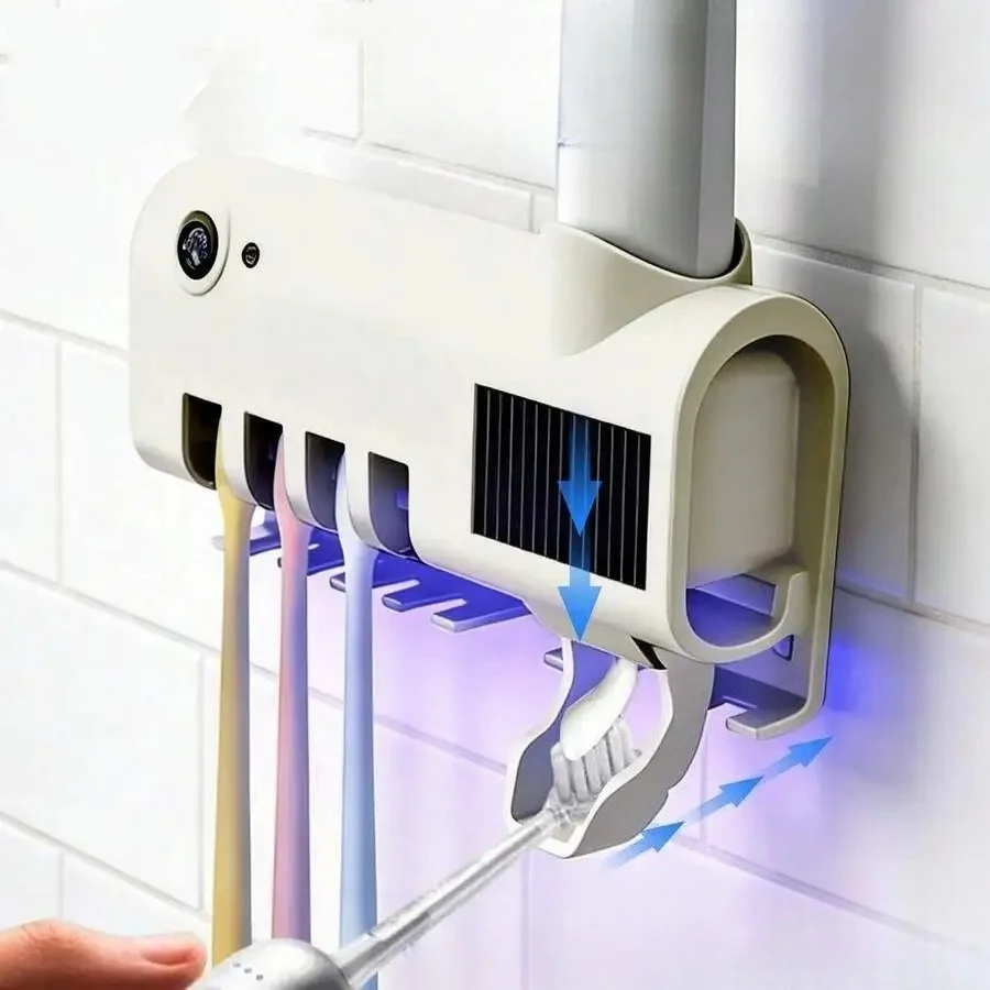 Smart Toothbrush Sanitizer, Free Punching Wall Mounted Toothbrush Holder, Automatic Squeeze Toothpaste Device