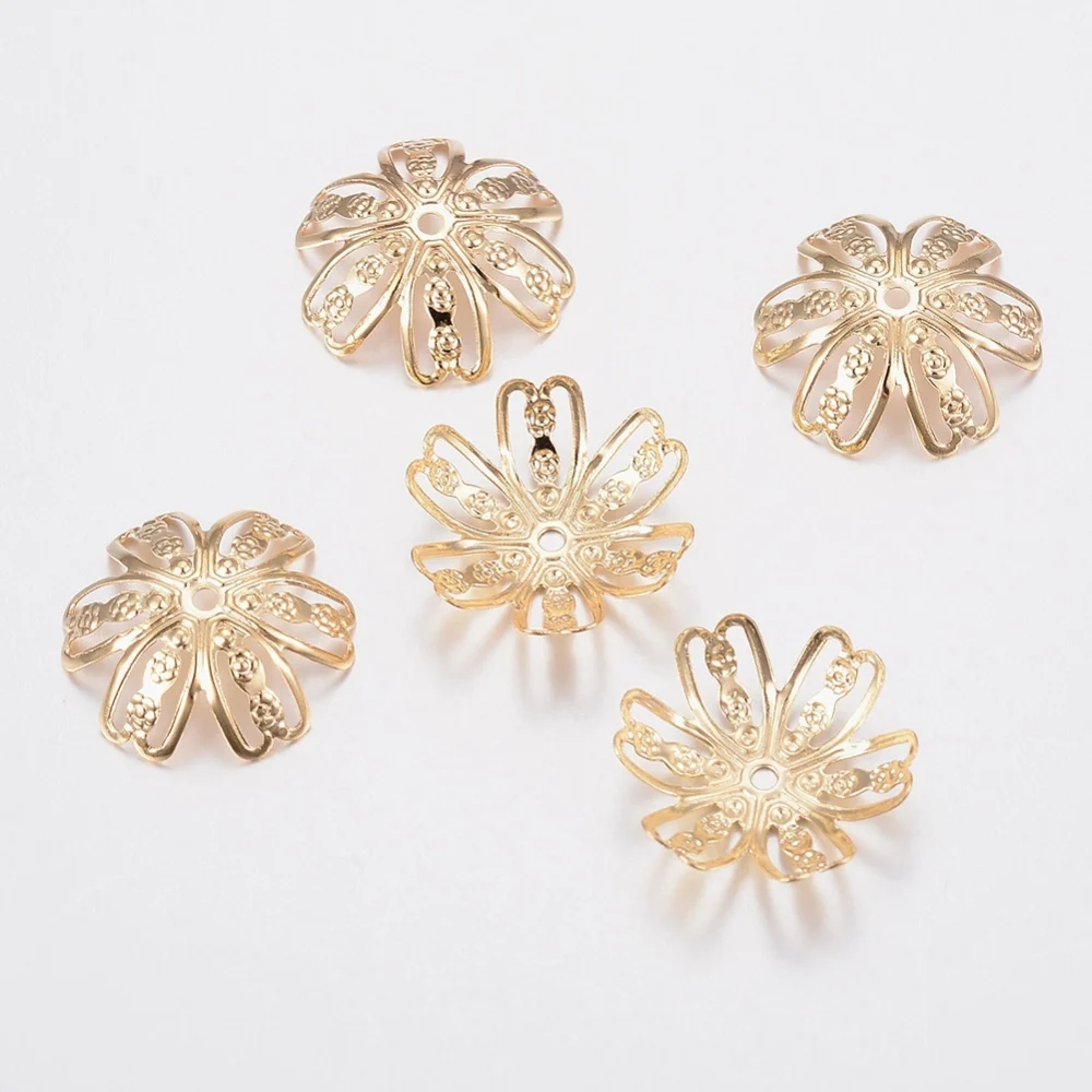 10-20PCS 304 Stainless Steel Bead Caps Flower 6-Petal Golden 14.5x14x4mm Hole: 1mm 10PCS / 7.5x1.5mm Hole: 1mm 20PCS