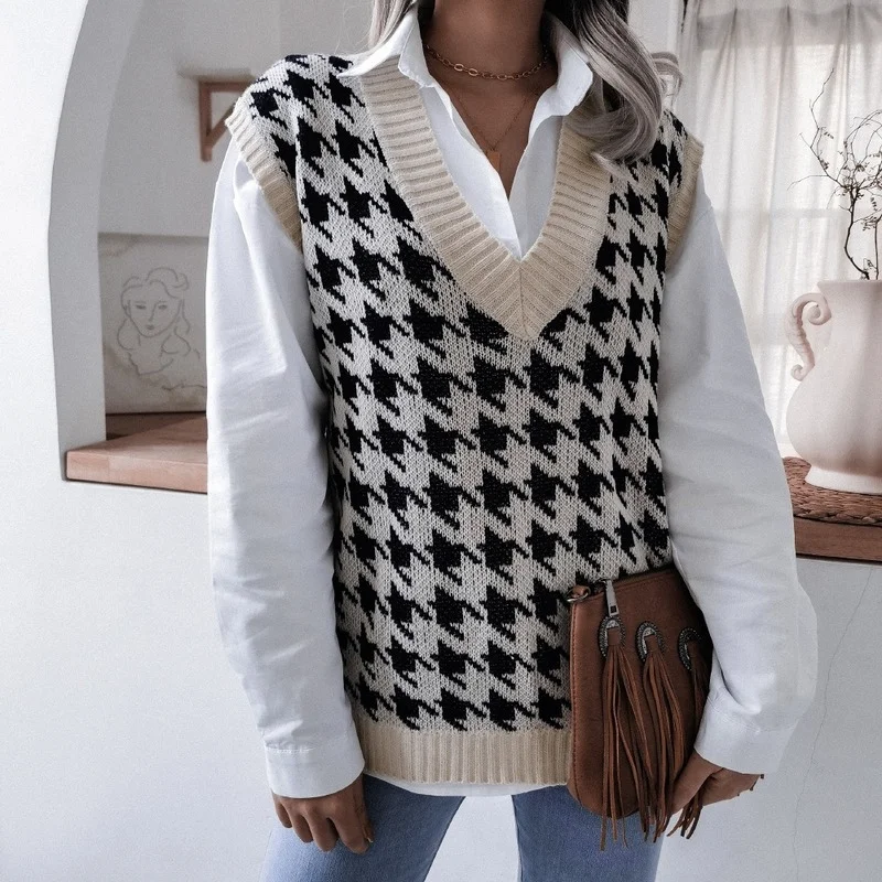 women\'s Houndstooth knit sweater vest autumn 2023 new loose V-neck sleeveless elegant fashion casual vest sweaters pullover