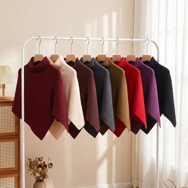Women Wool Turtleneck Knit Poncho Shawl Solid Color Asymmetrical Split Hem Pullover Shoulder Wrap Winter Soft Loose Daily Wear