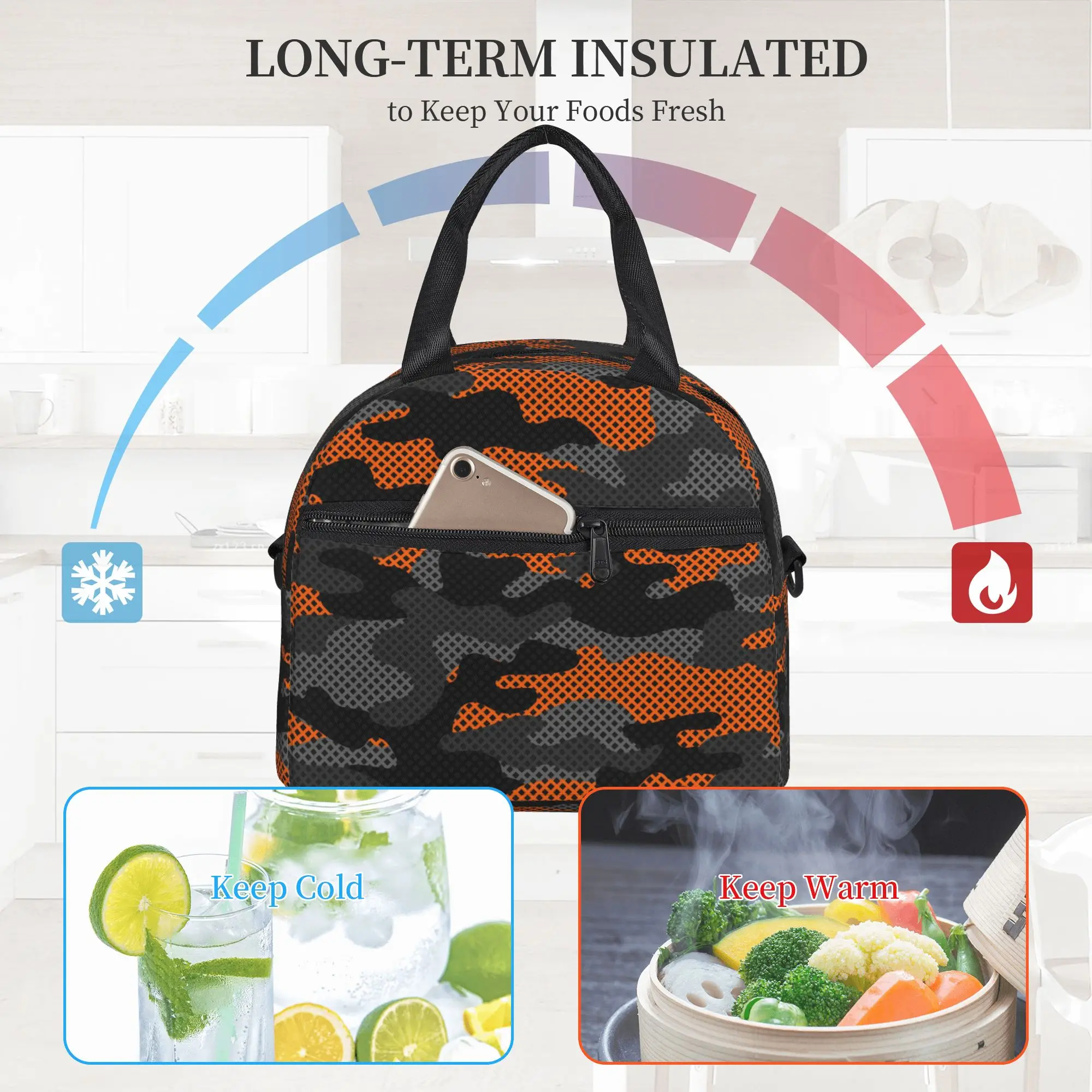 Black and Orange Camouflage Insulated Lunch Bag Reusable Thermal Oxford Bento Totes with Adjustable Strap for Work Travel Picnic