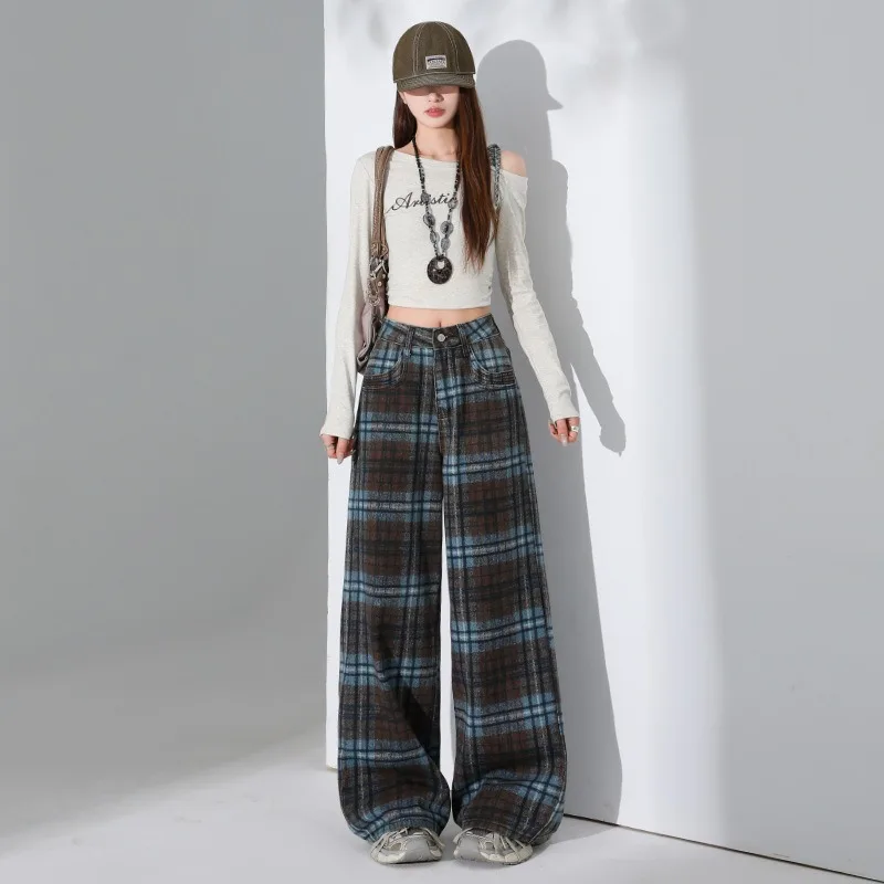 2026 New Japanese Retro Harajuku Plaid Casual Wide Leg Pants Korean Fashion Sweet Girl High Waisted Straight Leg Loose Pants Y2k
