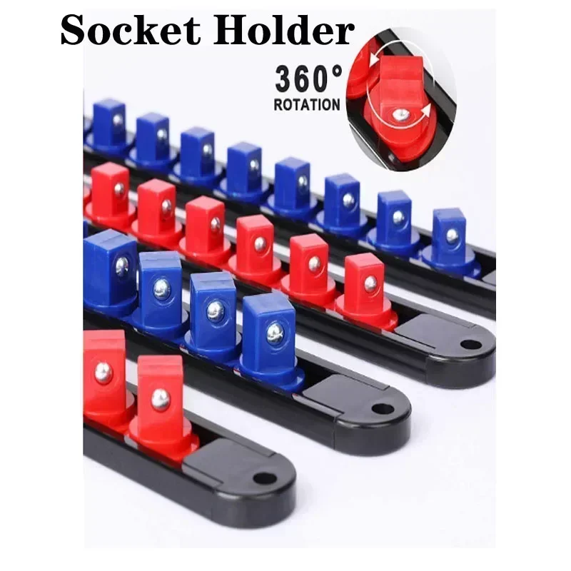 Premium Quality 360° Swivel ABS Socket Organizer Holder 1/4' 3/8' 1/2' Socket Clip Rail Tools Blue & Red