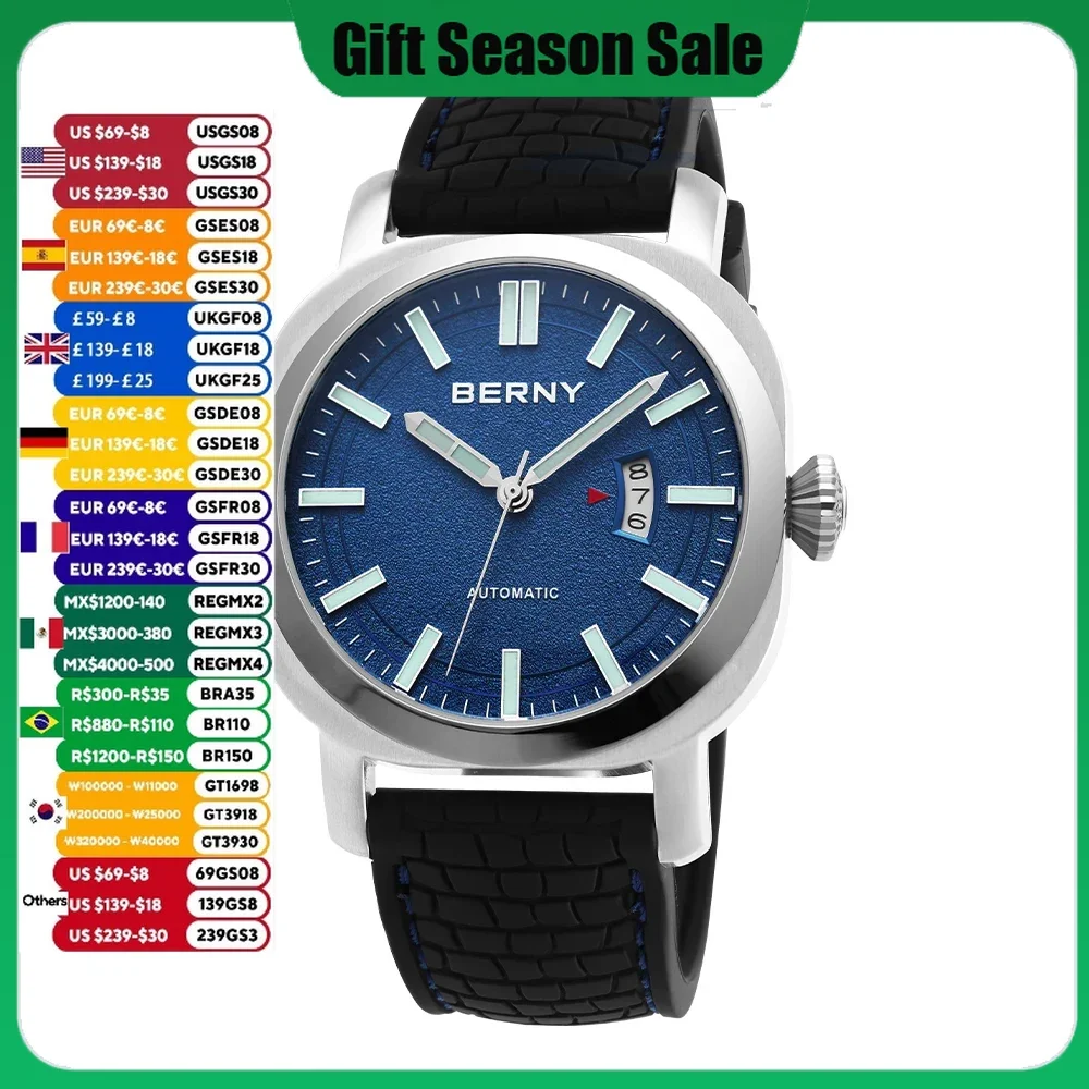 BERNY 100M Diver Watch Men Automatic Mechanical Clock Male Miyota 8215 10ATM Waterproof Wristwatch Sapphire Sport Watches Men