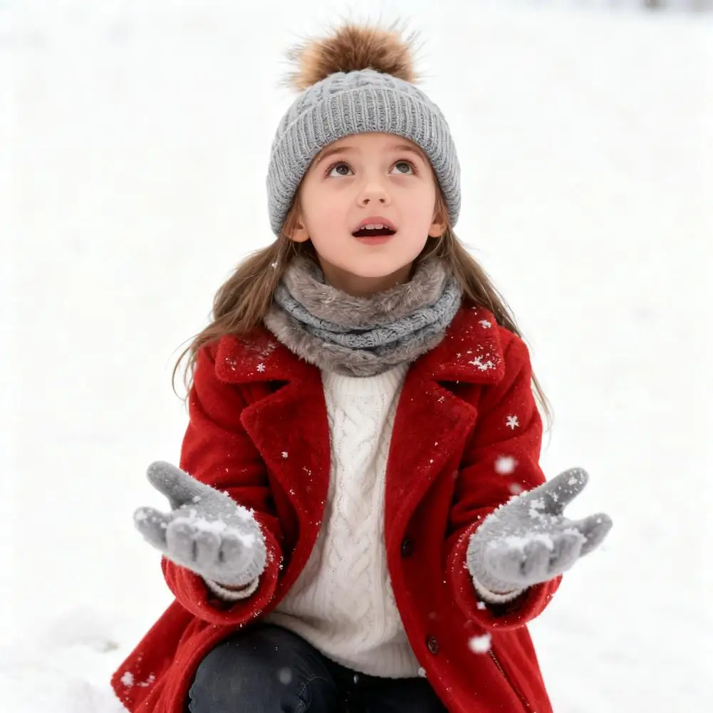 Child Warm Hat Scarf Gloves Winter Baby Accessories 3pcs Women Winter Hat Scarf Gloves Set with Plush Ball Decor Twist Texture