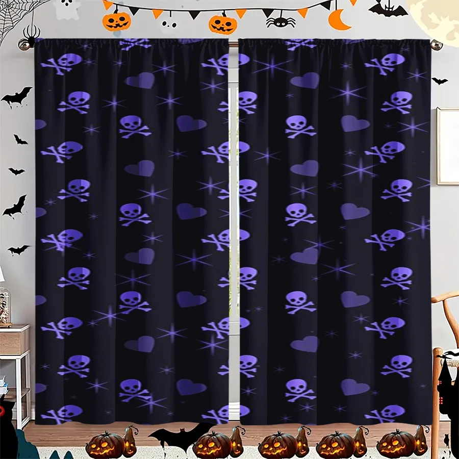 2PCS Digital Print Curtain, Purple Skull Crossbones Pattern, Purple Halloween Pirate Style for Living Room Bedroom Decor