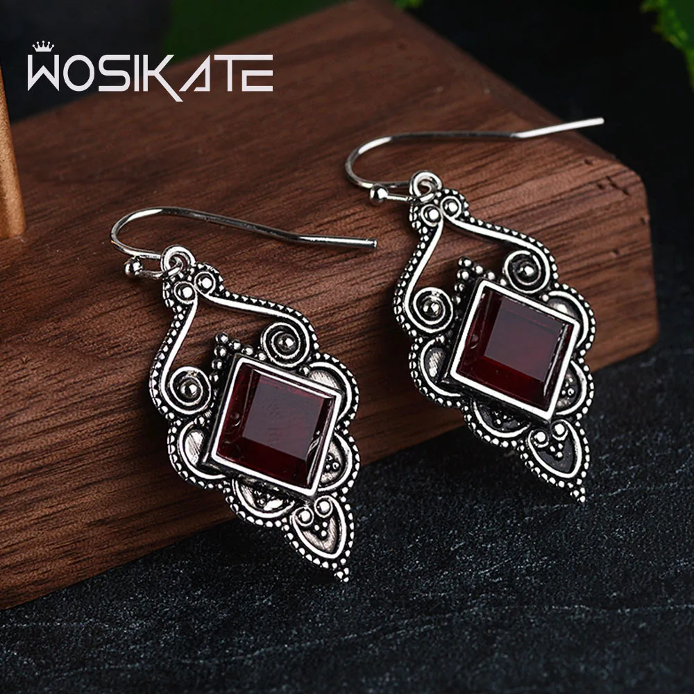 WOSIKATE винтажные инкрустированные квадратные серьги-капли с рубином и цирконием для женщин, тайское серебро 925, модные ювелирные изделия, крючки для ушей, подарки, оптовая продажа