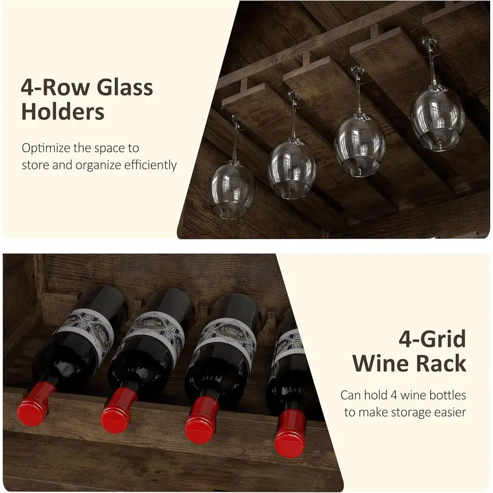 Walnut Arched Wine Cabinet with Rattan Door, Bar Rack & Glass Holder, Kitchen Pantry Storage