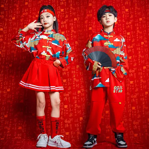 레드 힙합 키즈 재즈 댄스 의상 4 소녀 소년 볼룸 댄스 의상 Hanfu T 셔츠 바지 스커트 무대 의상 수행 착용