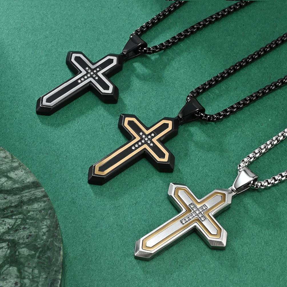 New Trendy Stainless Steel Two-tone Shinny Zircon Cross Pendent Necklace for Men Gold Plated Jewelry