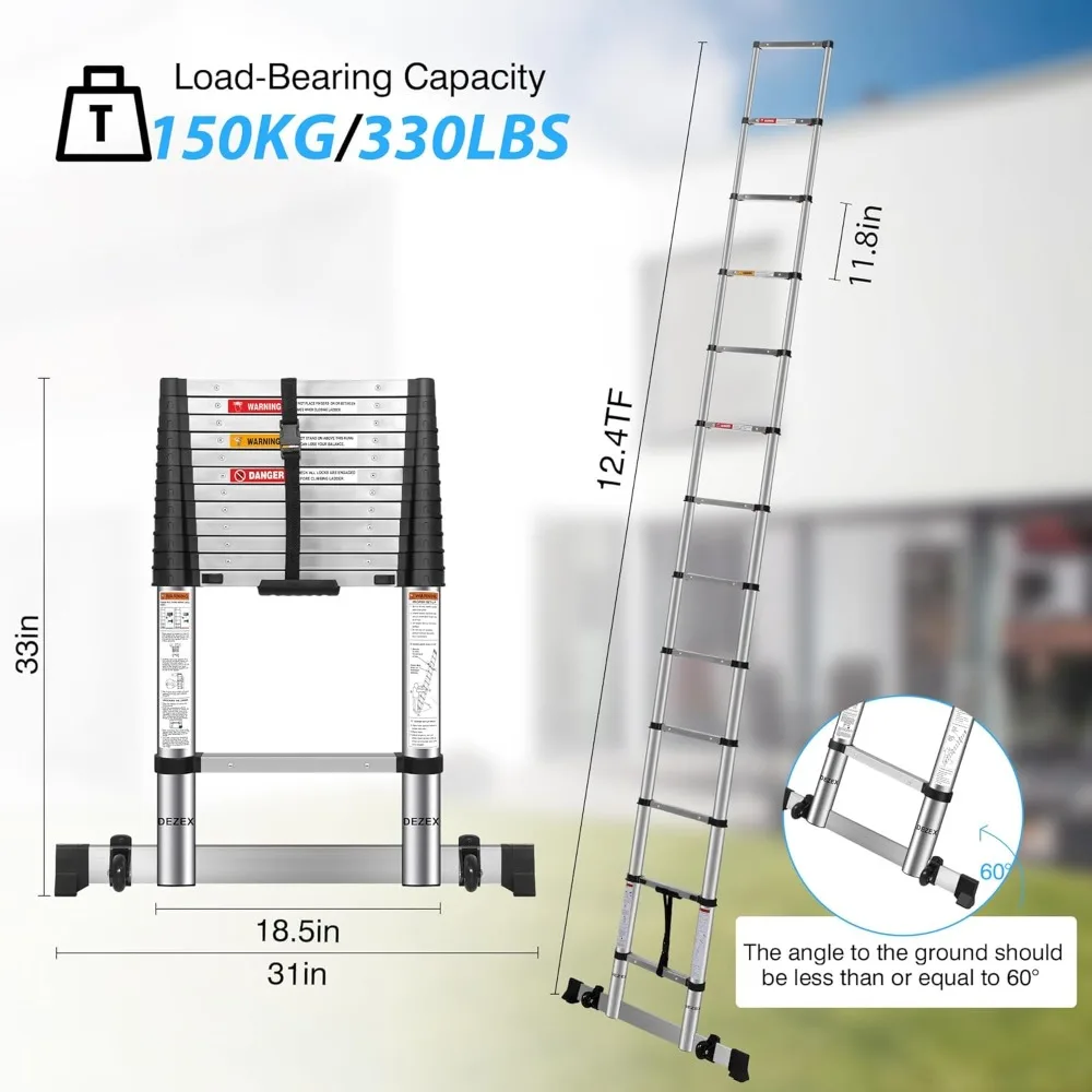 12.5 FT Stainless Steel Telescoping Ladders - One-Button Retraction Collapsible Extension Ladder for Home,RV,Attic