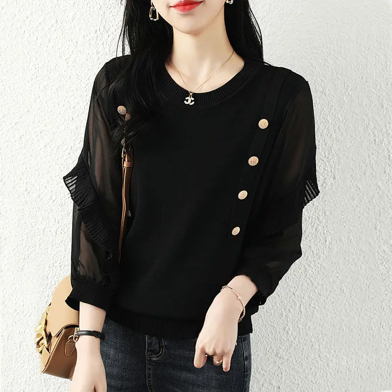 Elegant O-Neck Button Knitted Gauze Ruffles Blouses Women Clothing 2024 Spring Autumn New Loose Elegant Tops Office Lady Shirts