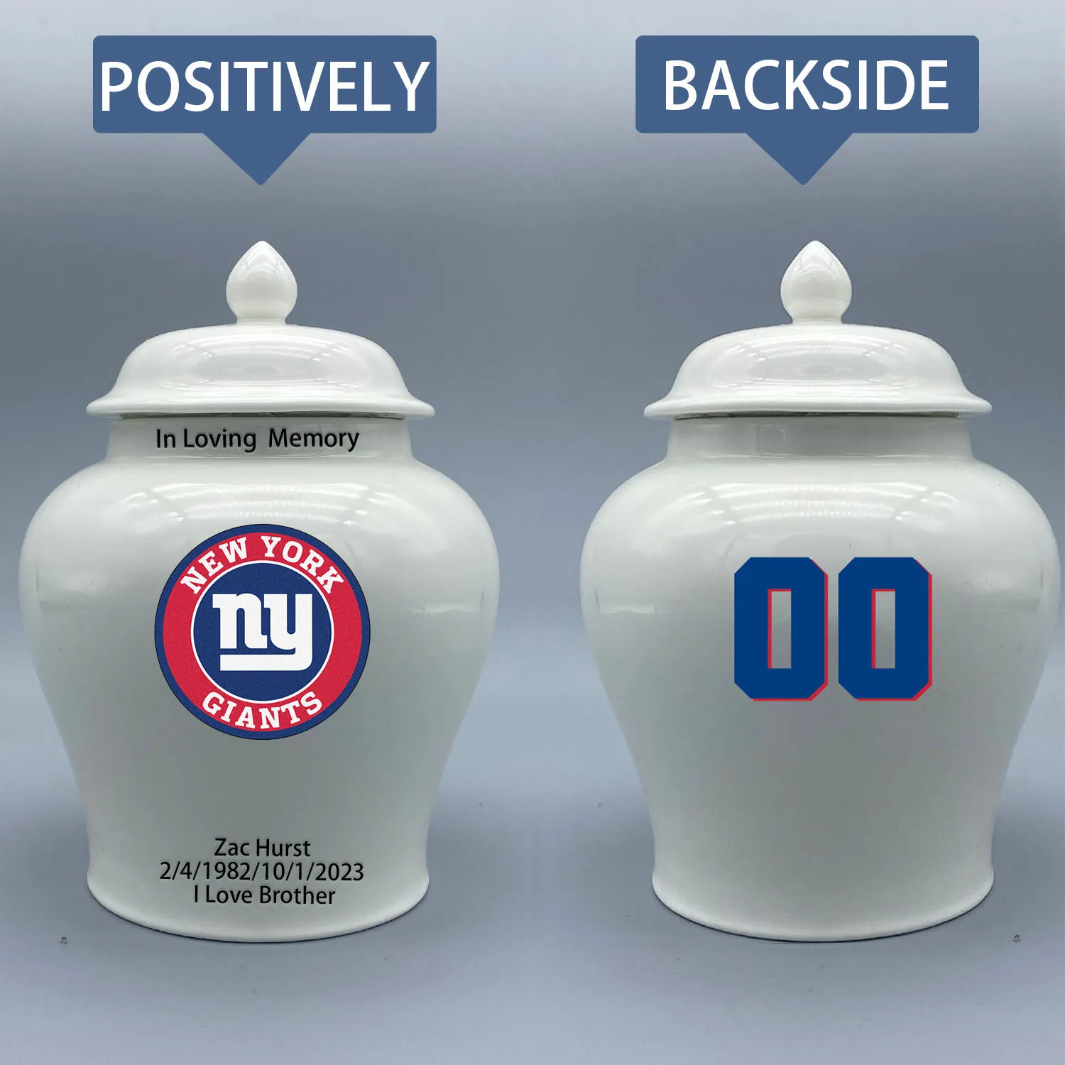 

Medium Urn for New York Giants-themed Logo Urn.Please send me the customize information-name/date and number on the urn