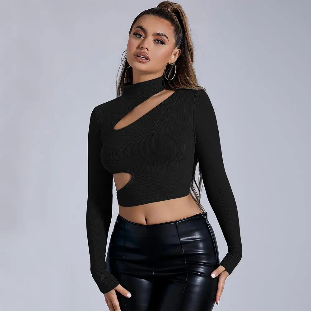 

Women's Semi High Ne Bla Long Sve T-irt Hollow out Design ort Length Polyester Fiber Pure Color Winter Faion